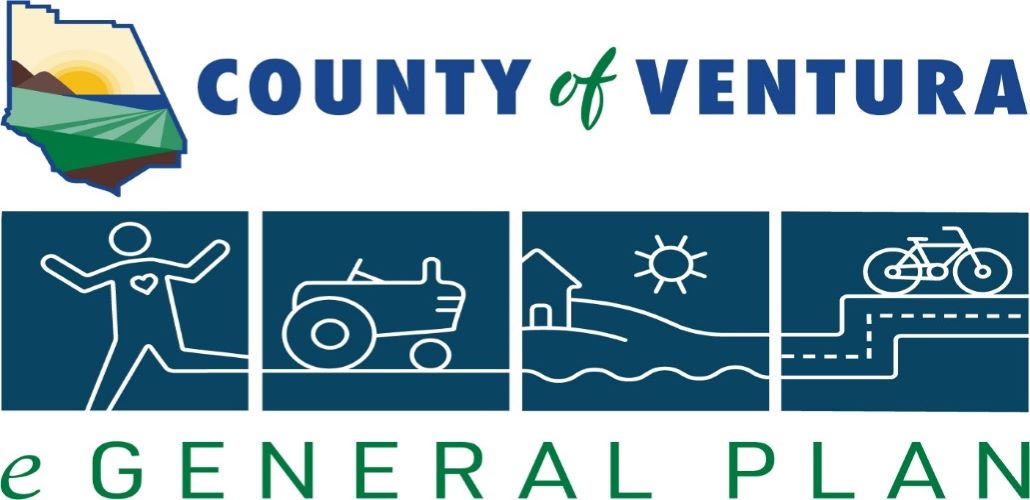 An image featuring the County of Ventura logo, alongside the words 'E General Plan' and embellished with artistic graphics, highlighting the digital General Plan initiative in Ventura County.